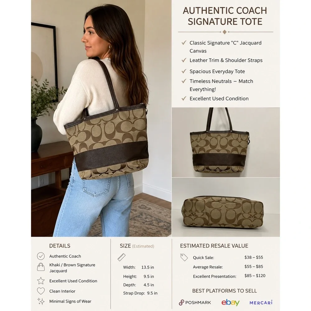 Coach Signature Jacquard Tote‎ Bag Khaki Brown Leather Trim Large Shoulder Bag